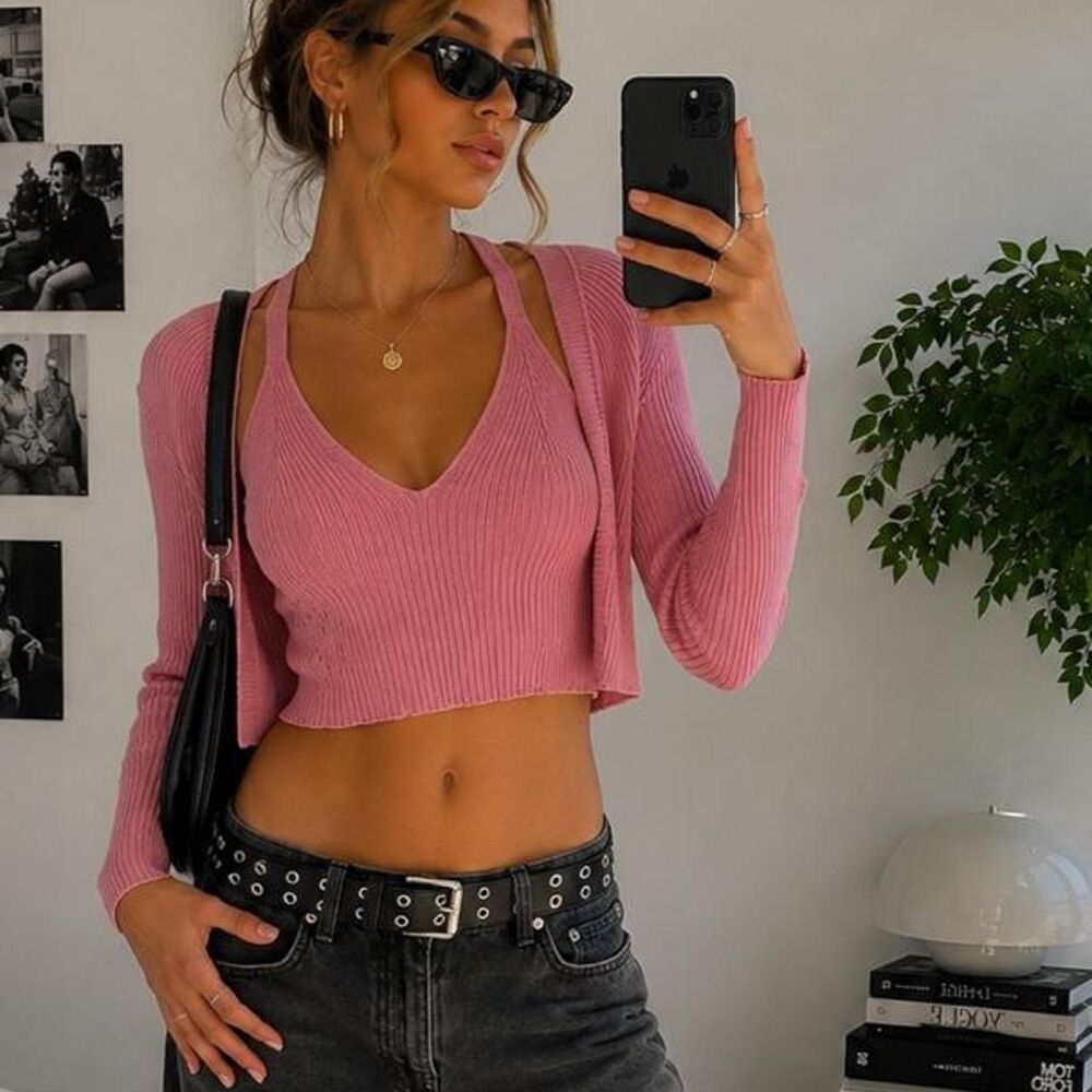 Love Tree Pink Ribbed 2 Piece Crop Tank Shrug Cardigan Set Y2K Small